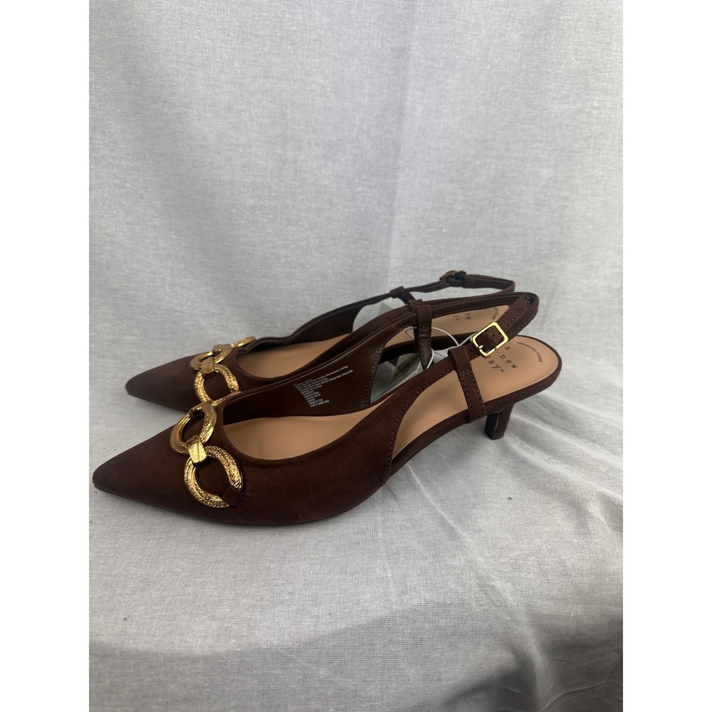 A New Day Brown Faux Suede Slingback Kitten Heels Gold Chain Link Size 8.5 NEW